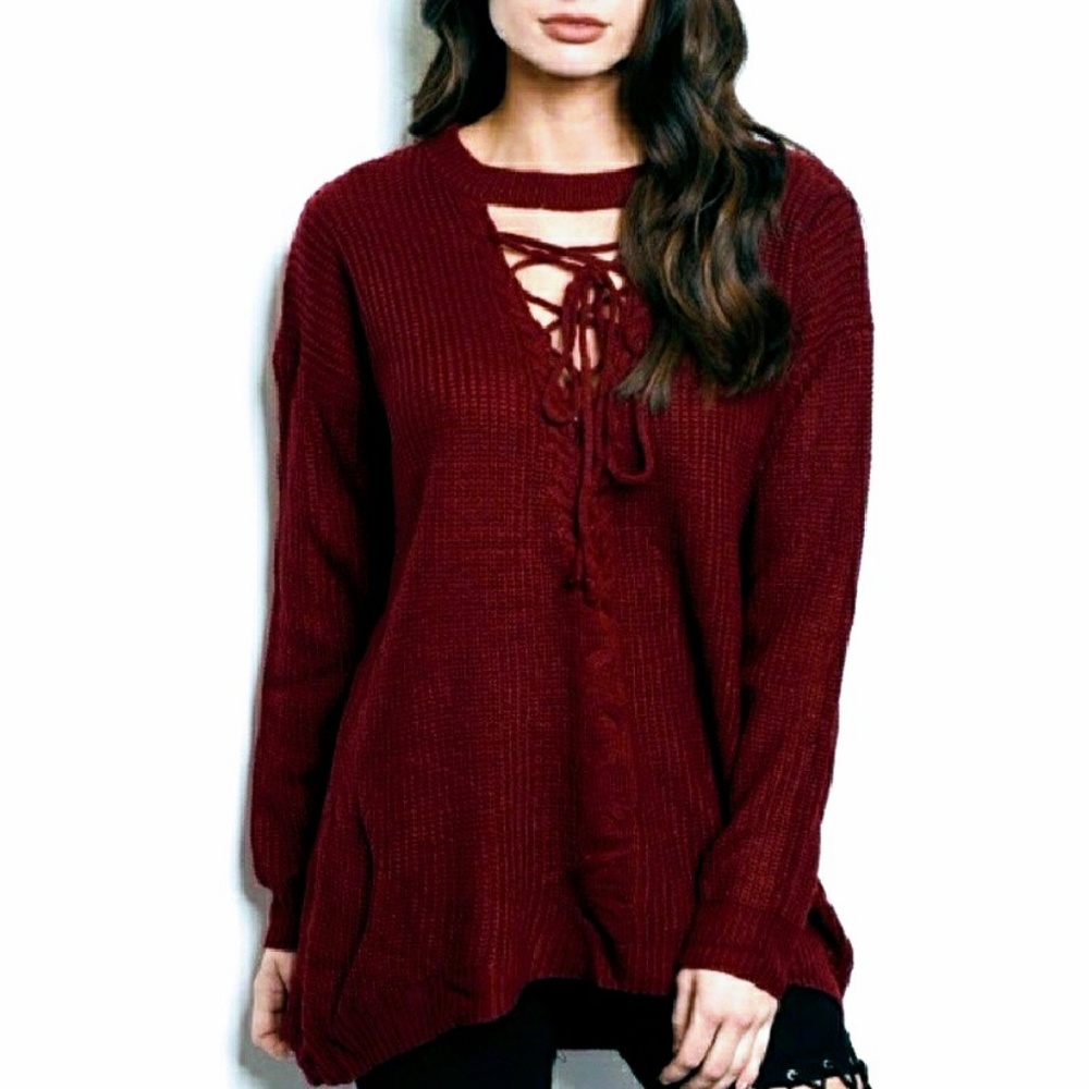 SALE! - NWT Wine Sweater Lace Up Choker Neck Oversize M or L